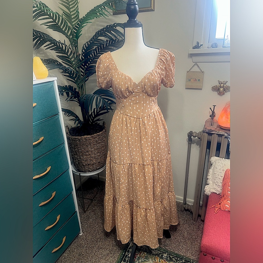 American Eagle Yellow & White Polka Dot Midi Dress with Corset Top (XS)